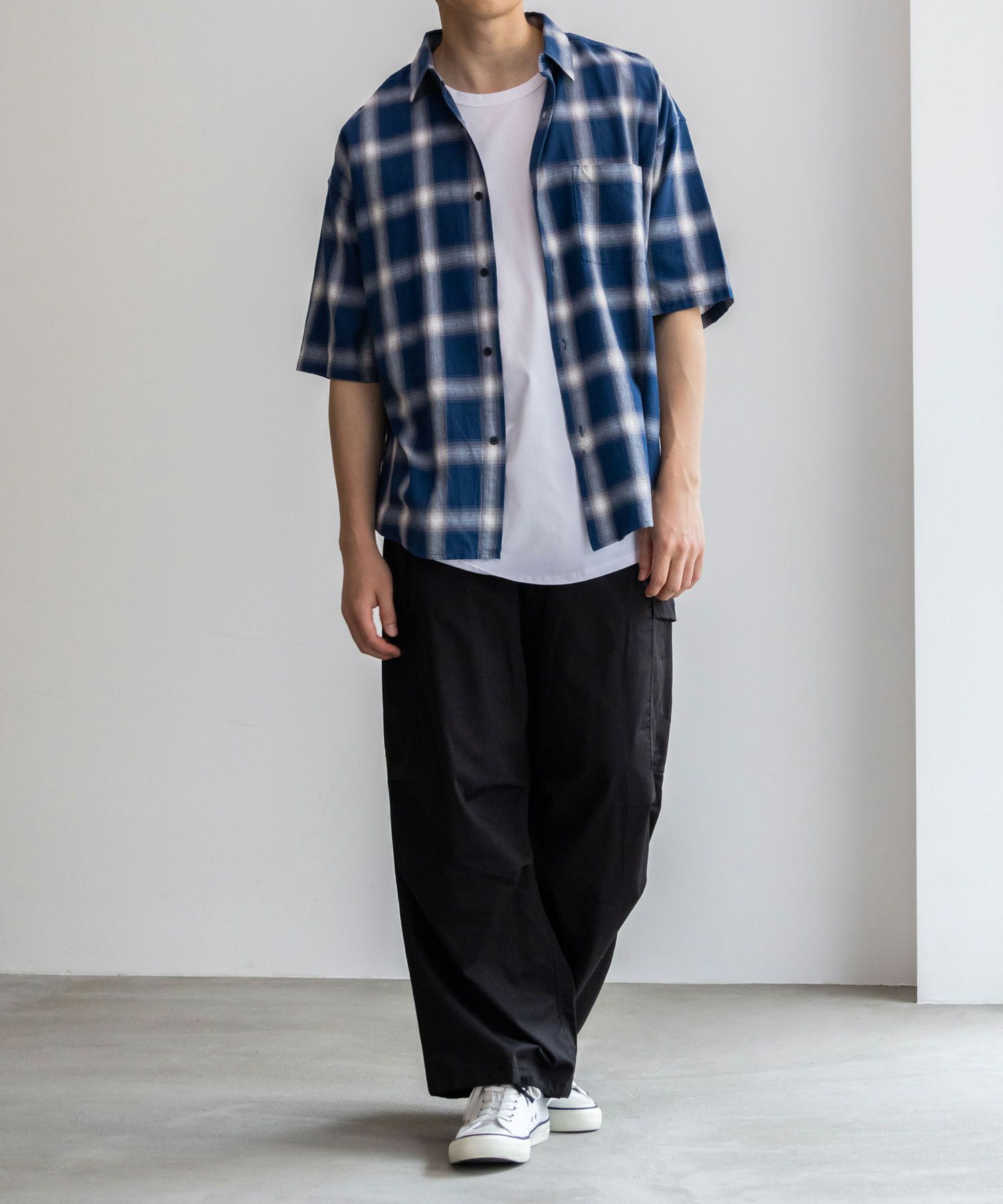 NAIVE MAGIC オンブレーチェックルーズサイズ半袖シャツ メンズ