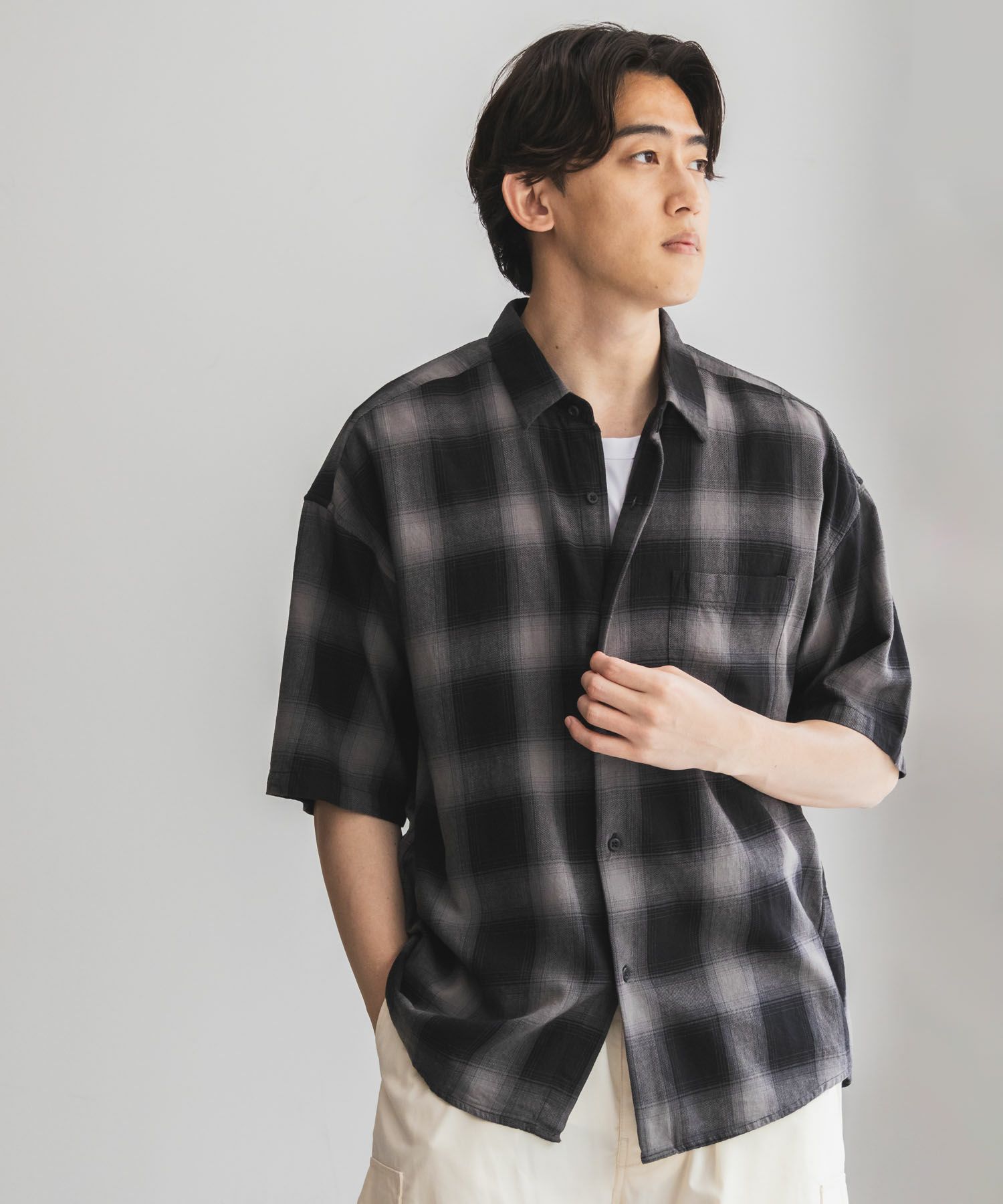 NAIVE MAGIC オンブレーチェックルーズサイズ半袖シャツ メンズ