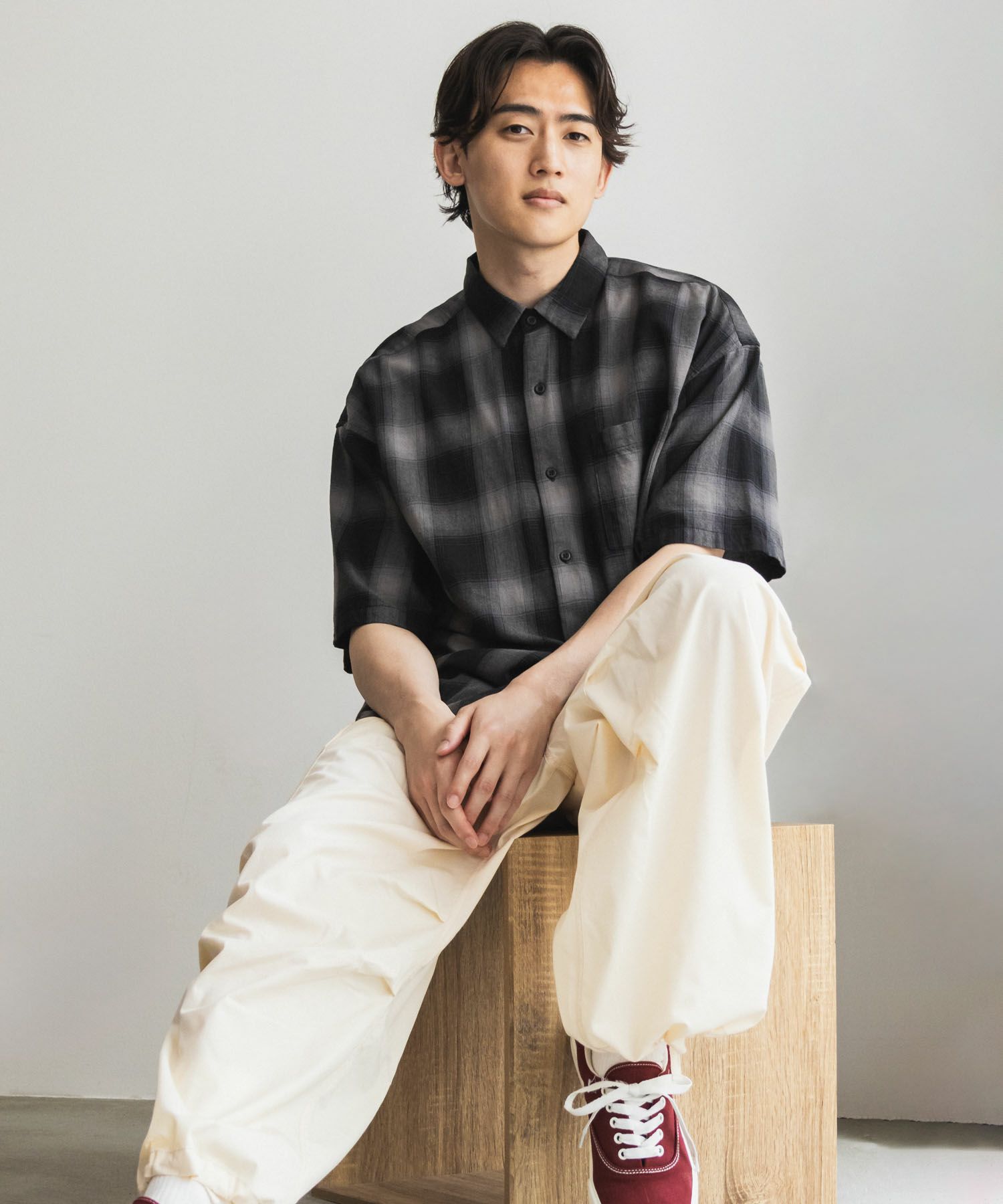 NAIVE MAGIC オンブレーチェックルーズサイズ半袖シャツ メンズ