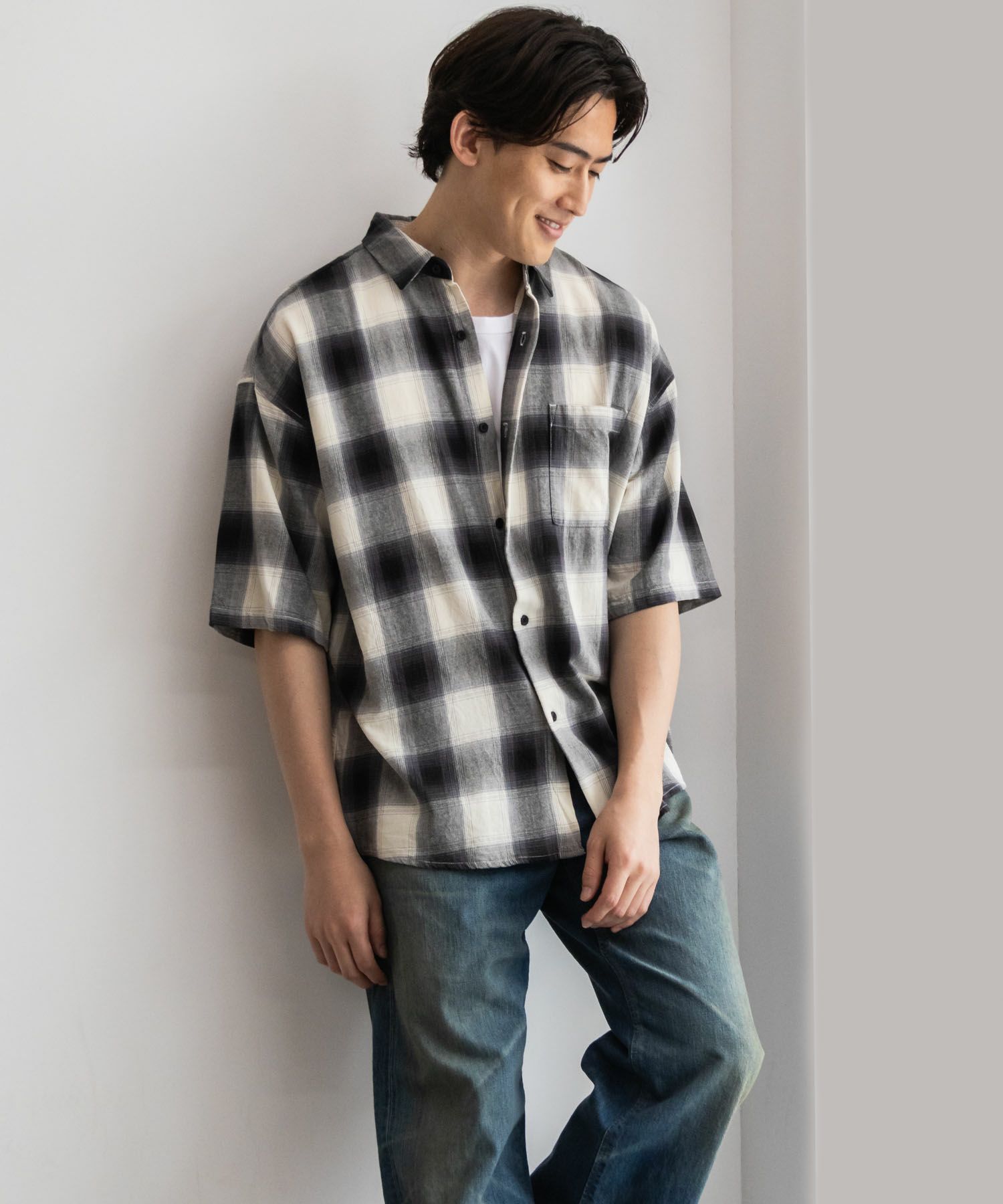 NAIVE MAGIC オンブレーチェックルーズサイズ半袖シャツ メンズ