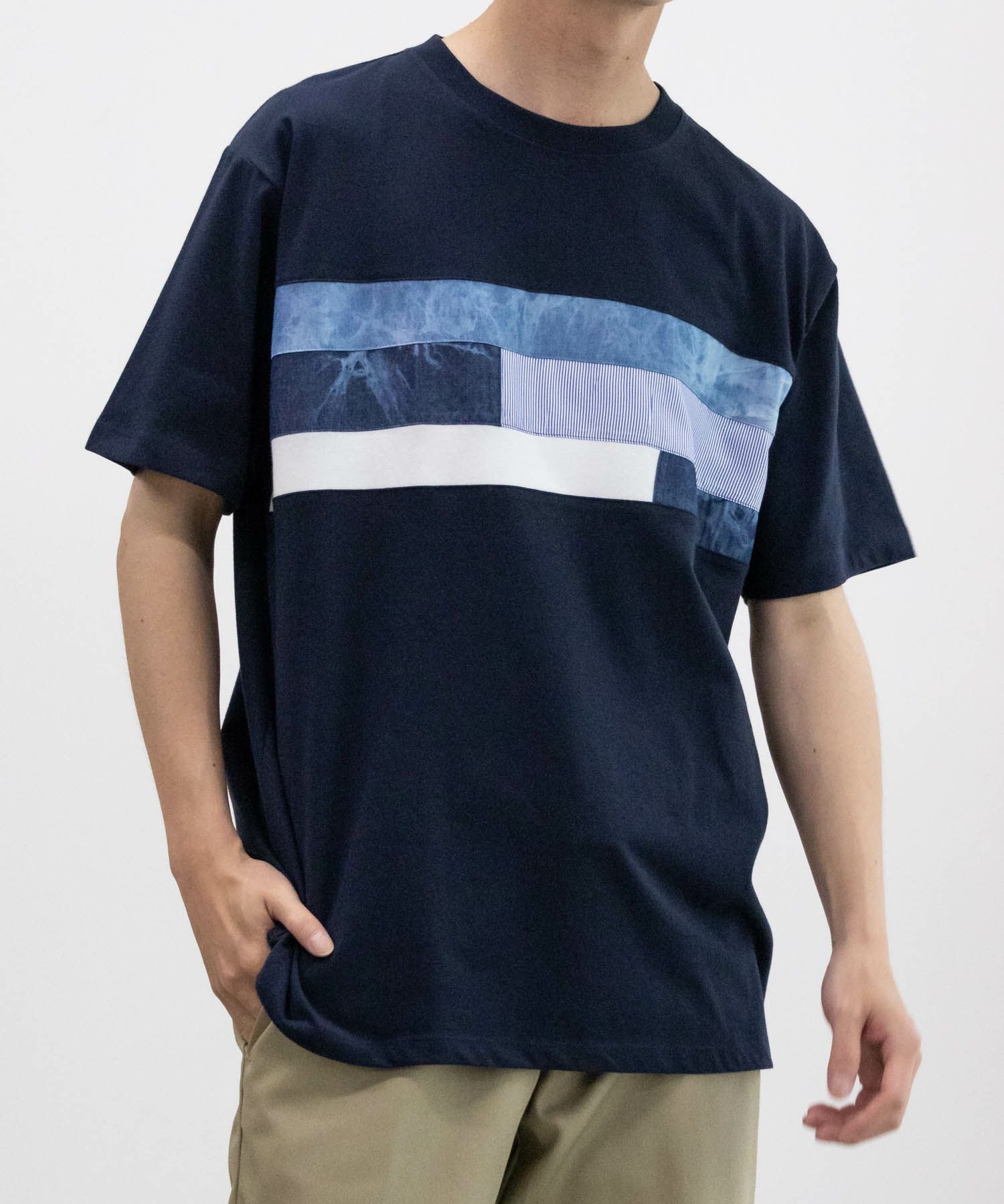 NAVY SARARI  パネル切替えＴシャツ メンズ メール便 対応商品商品画像-3
