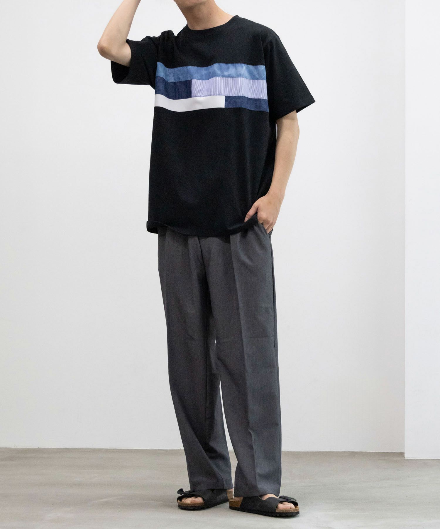 NAVY SARARI  パネル切替えＴシャツ メンズ メール便 対応商品商品画像-5