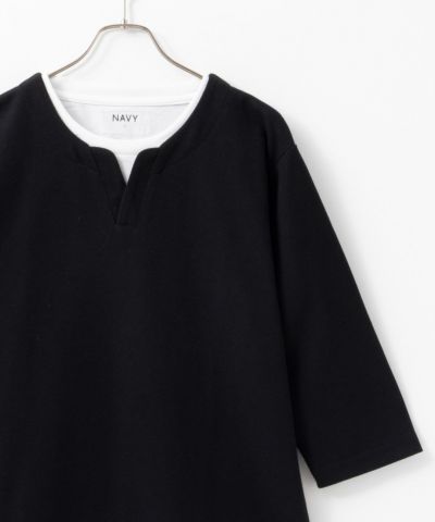 NAVY 冷感キーネックフェイクレイヤード7分袖カットソー メンズ