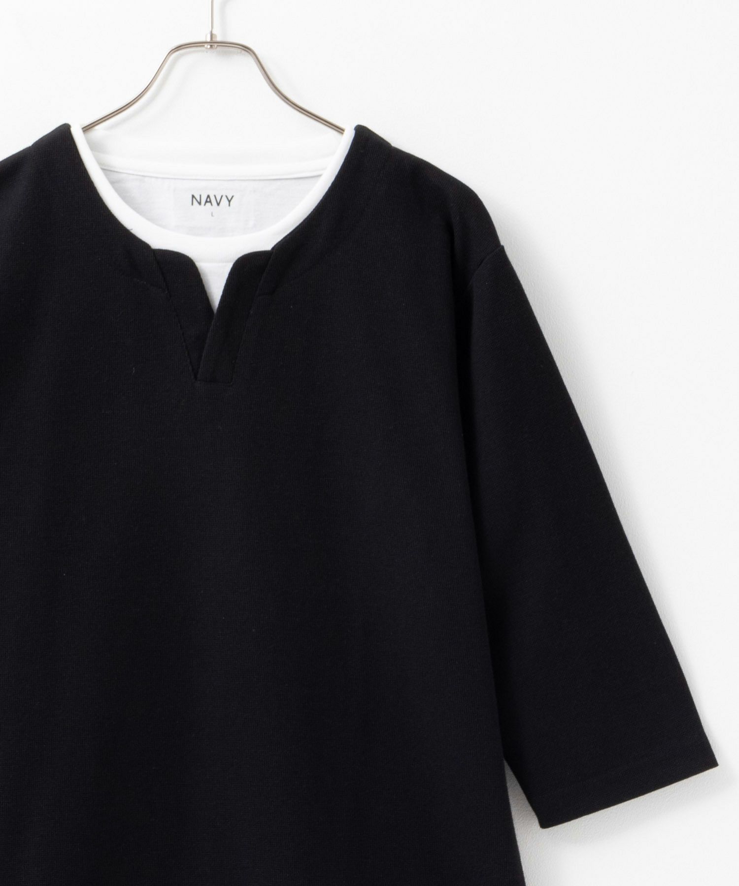 NAVY 冷感キーネックフェイクレイヤード7分袖カットソー メンズ商品サムネイル-1