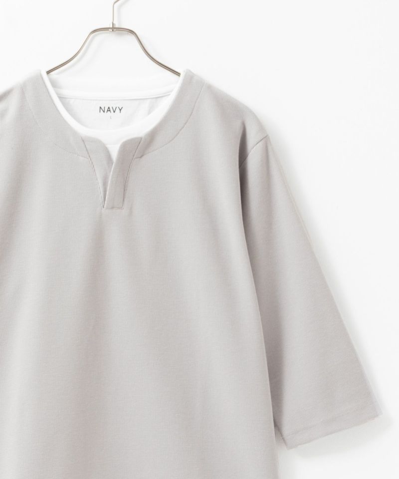 NAVY 冷感キーネックフェイクレイヤード7分袖カットソー メンズ商品画像-3
