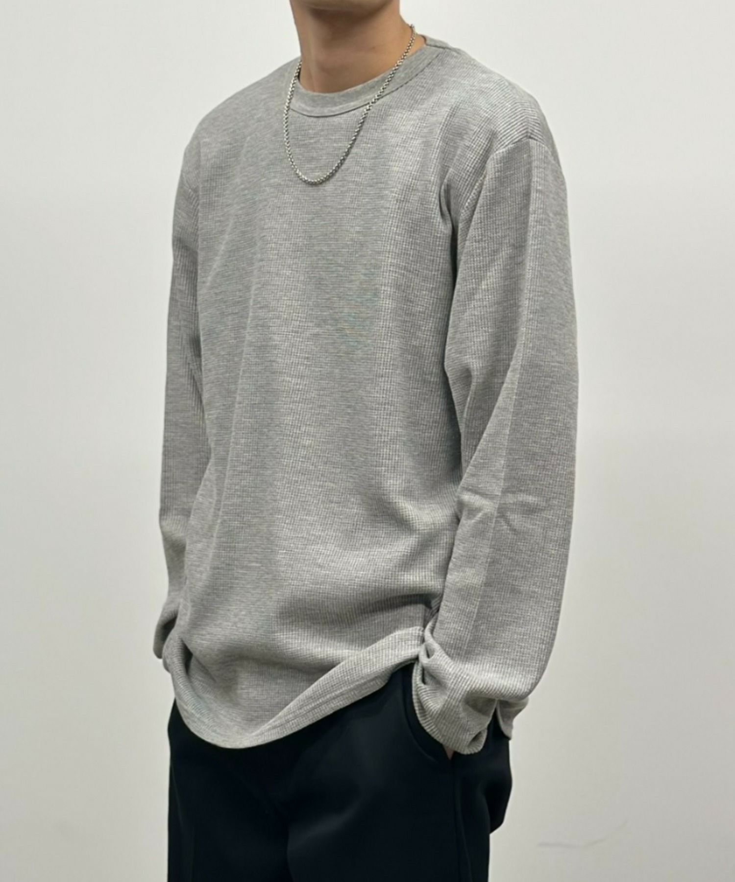 NAVY  ワッフルクルーネック長袖Tシャツ メンズ商品サムネイル-1