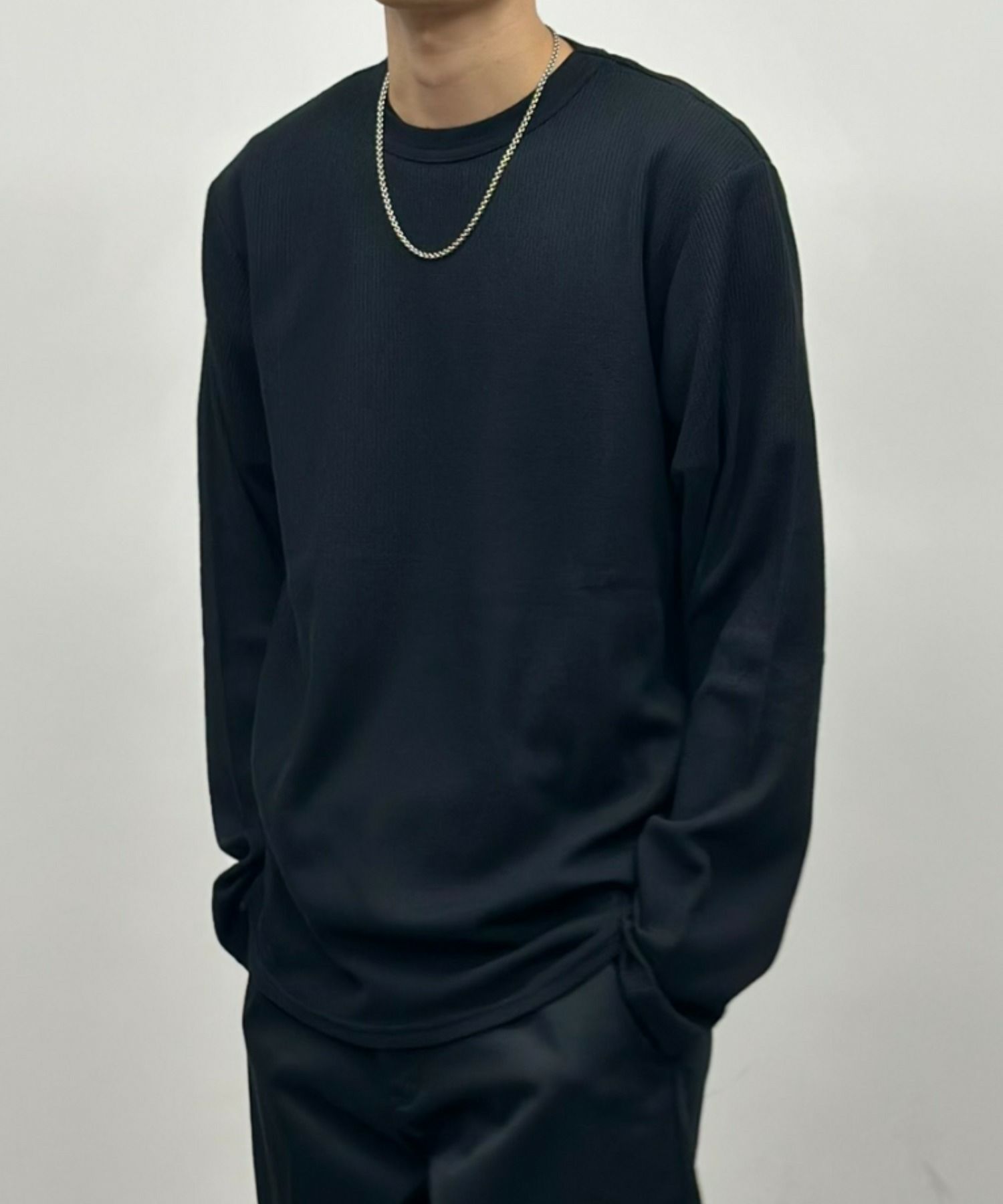 NAVY ワッフルクルーネック長袖Tシャツ メンズ
