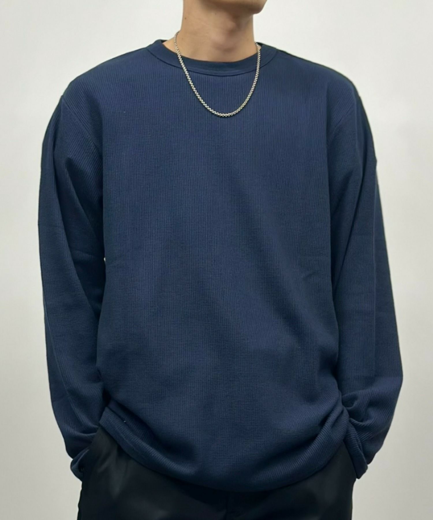 [期間限定価格]NAVY  ワッフルクルーネック長袖Tシャツ メンズ商品画像-3