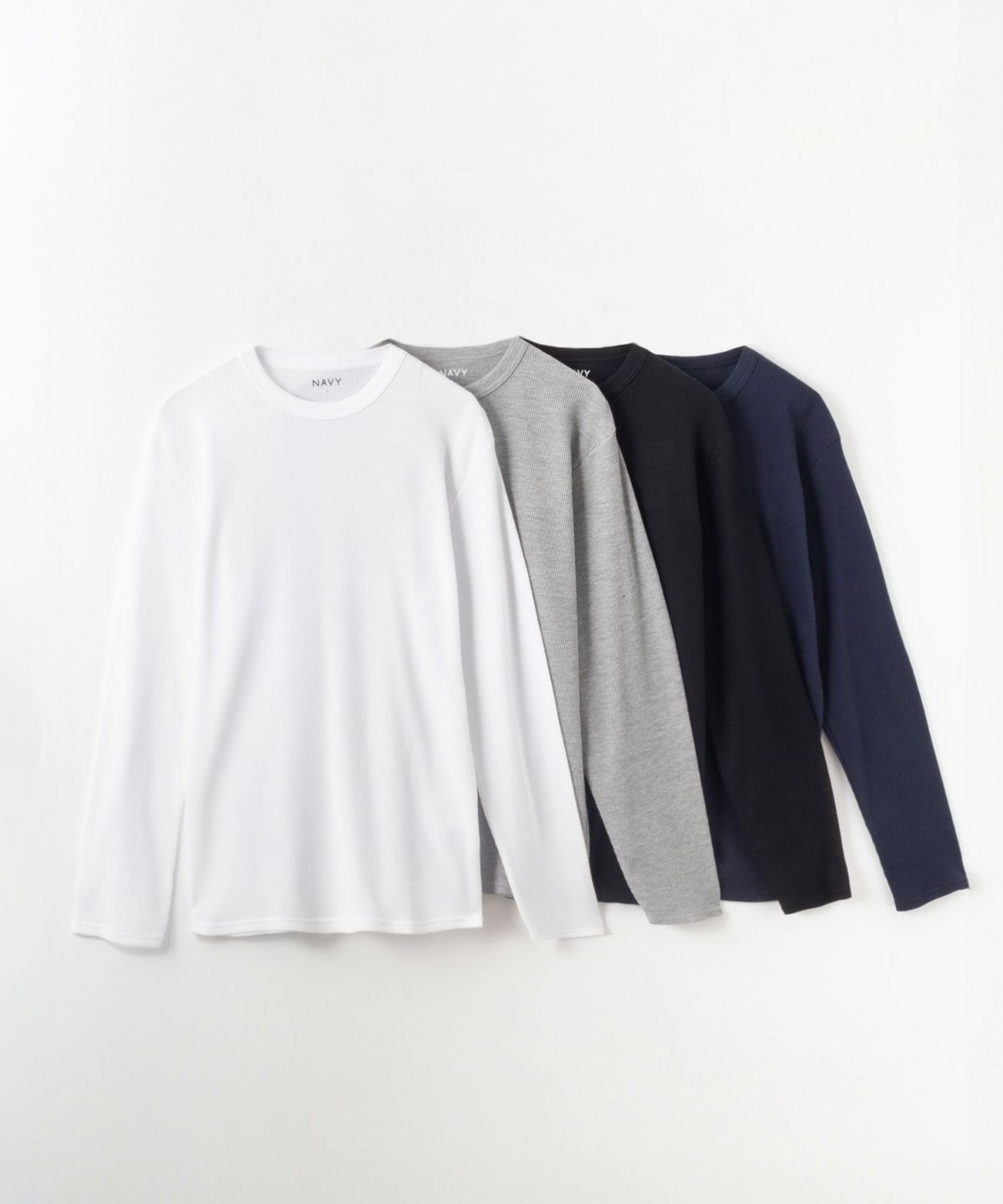 NAVY ワッフルクルーネック長袖Tシャツ メンズ