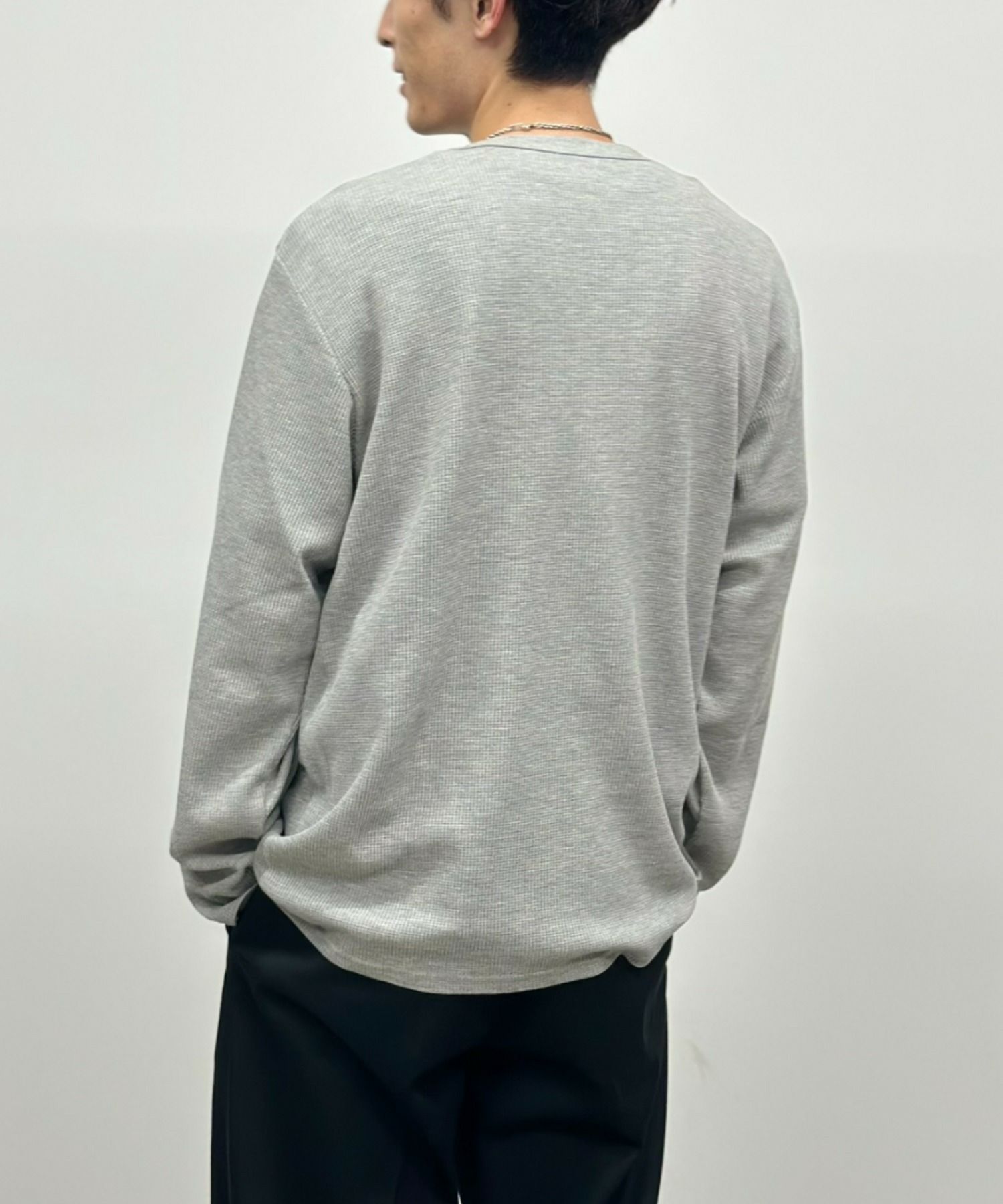 NAVY ワッフルクルーネック長袖Tシャツ メンズ