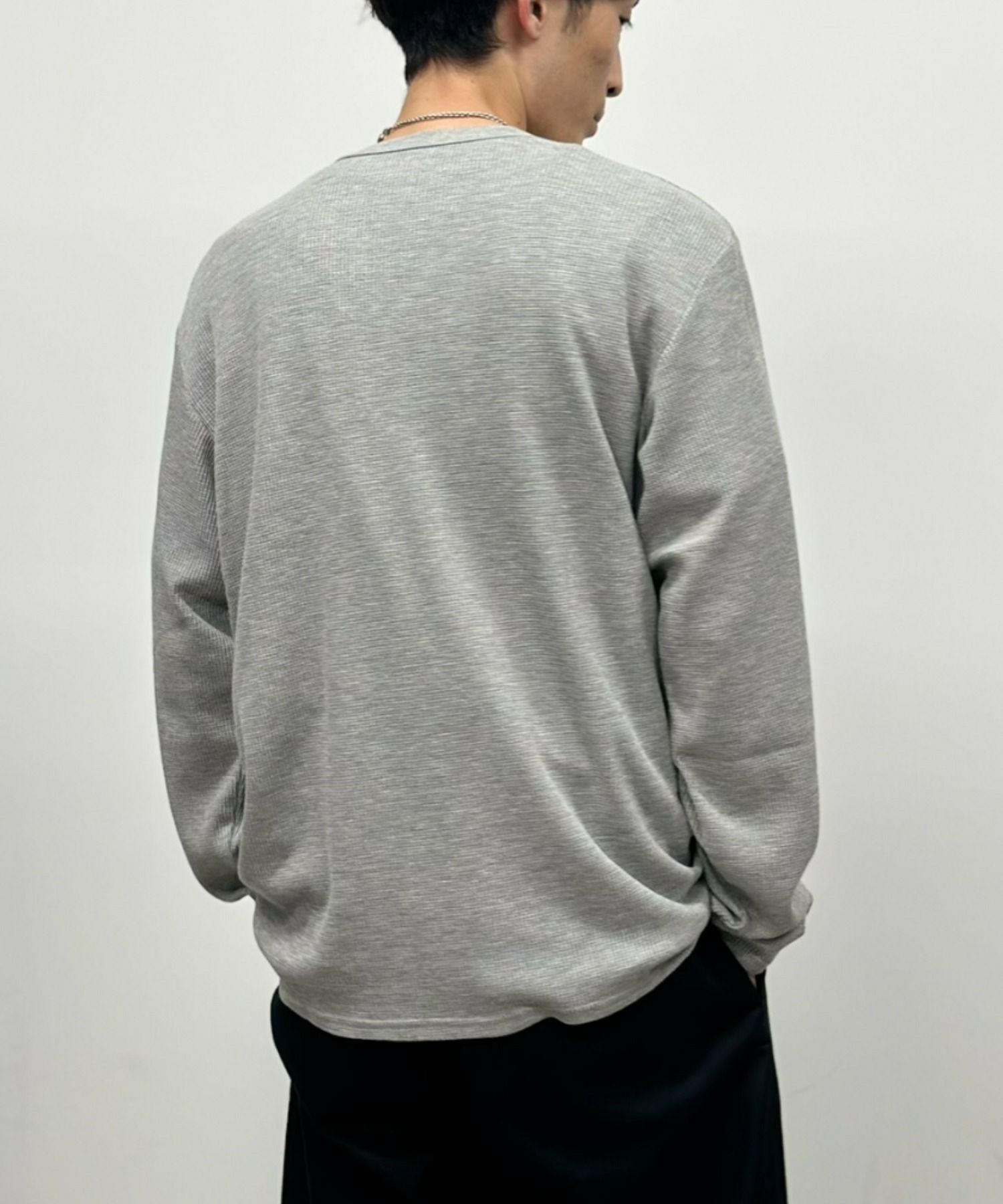 NAVY ワッフルクルーネック長袖Tシャツ メンズ