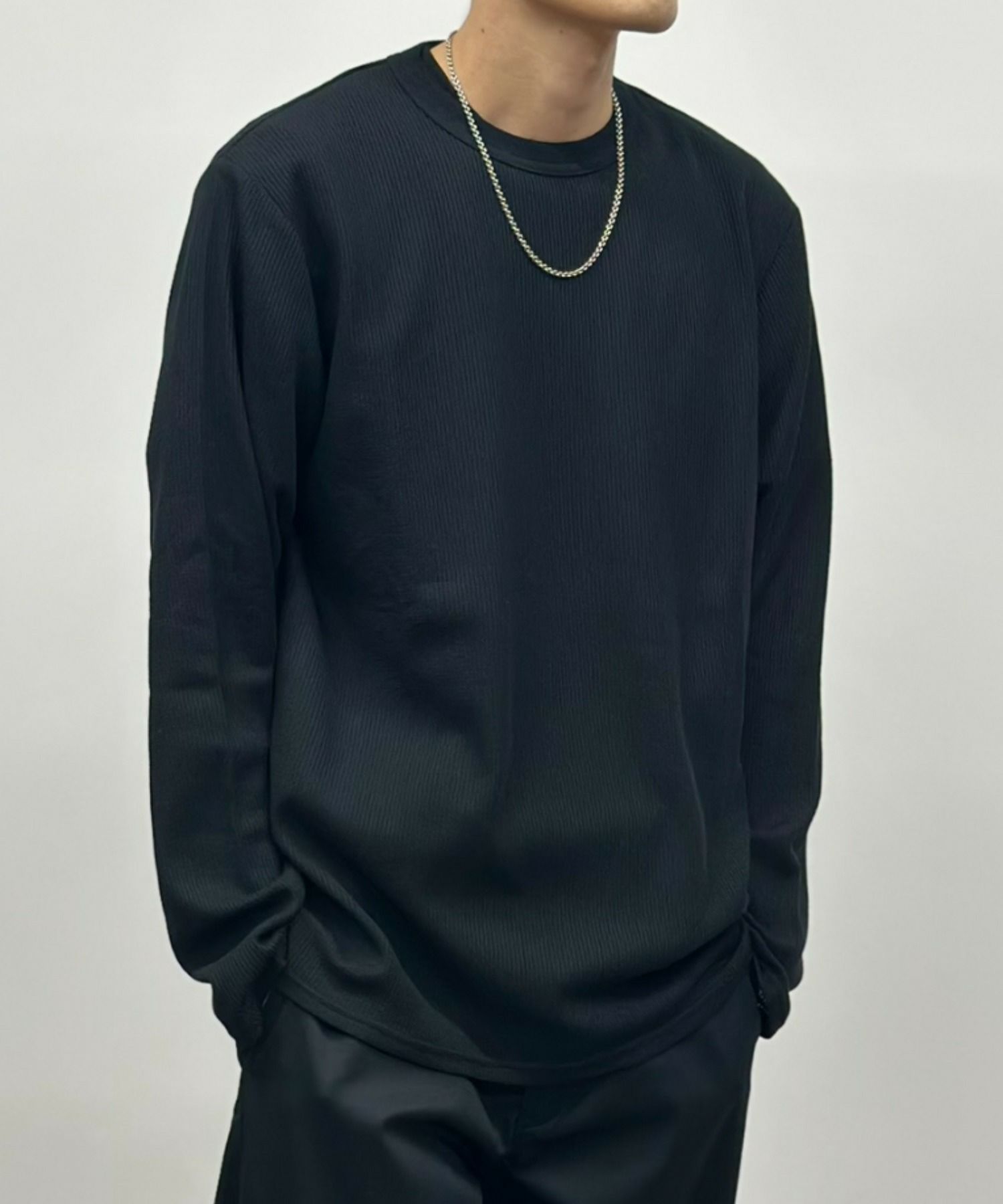 NAVY  ワッフルクルーネック長袖Tシャツ メンズ商品画像-7