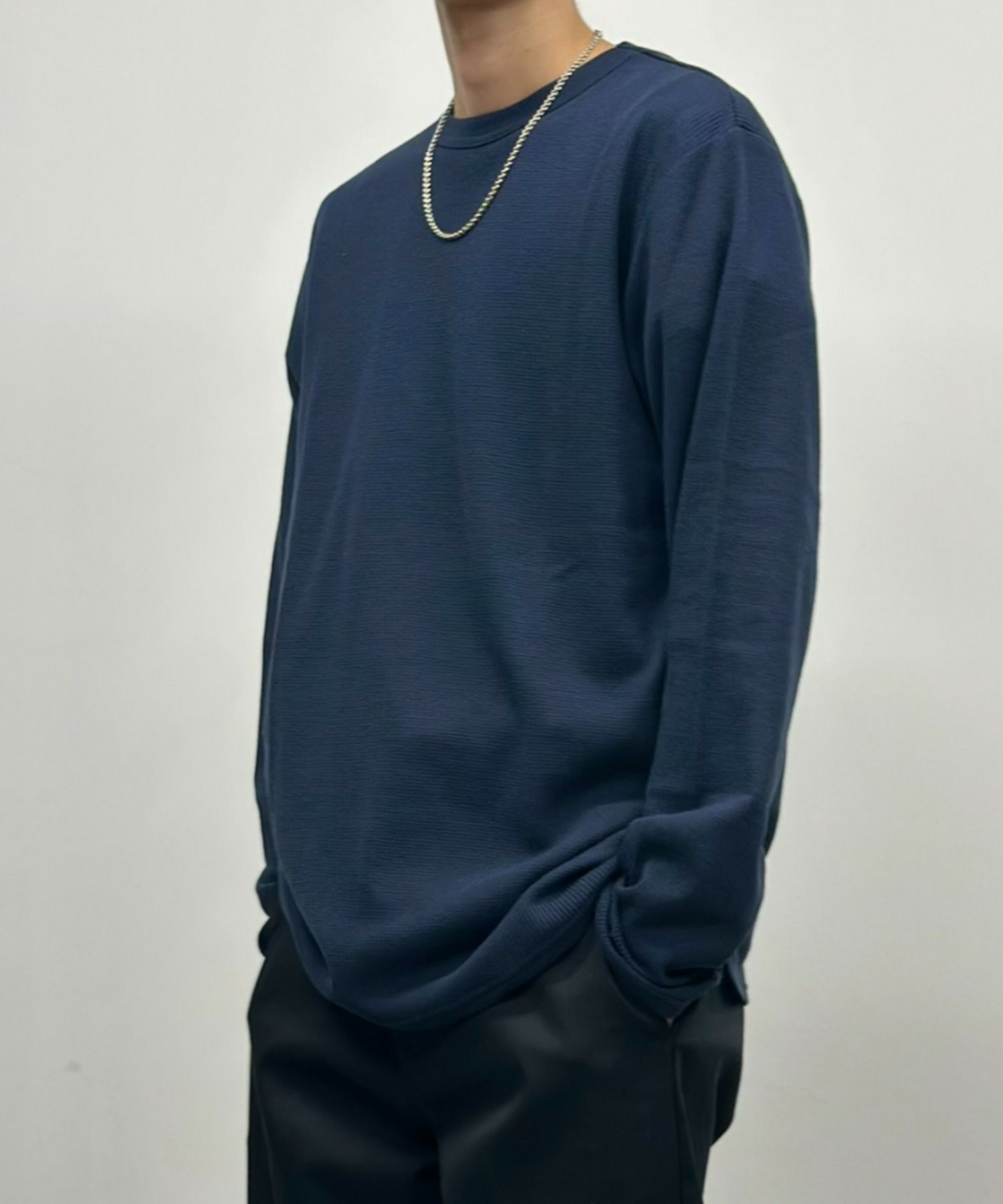 NAVY ワッフルクルーネック長袖Tシャツ メンズ