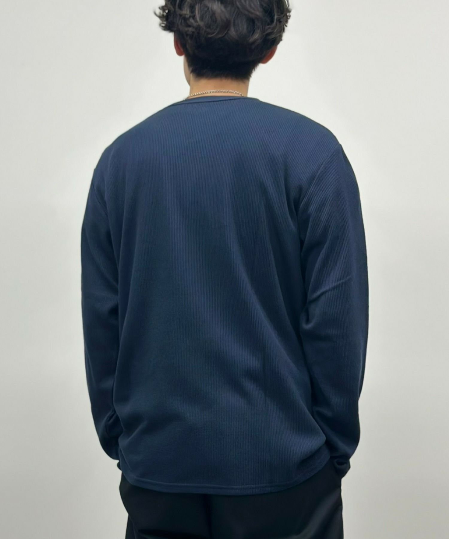 NAVY  ワッフルクルーネック長袖Tシャツ メンズ商品画像-10