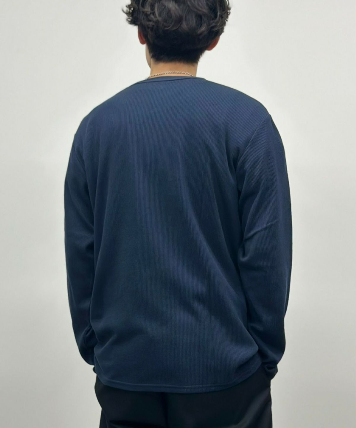 NAVY ワッフルクルーネック長袖Tシャツ メンズ