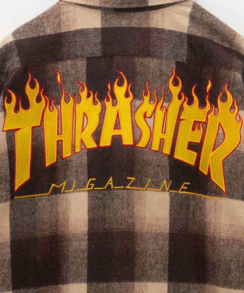 ブラウス シャツ 「THRASHER/スラッシャー」ファイアーロゴバック刺繍ルーズサイズ 長袖チェックシャツネルシャツ レディース メンズ セール】『THRASHER/スラッシャー』ファイアーロゴバック刺繍