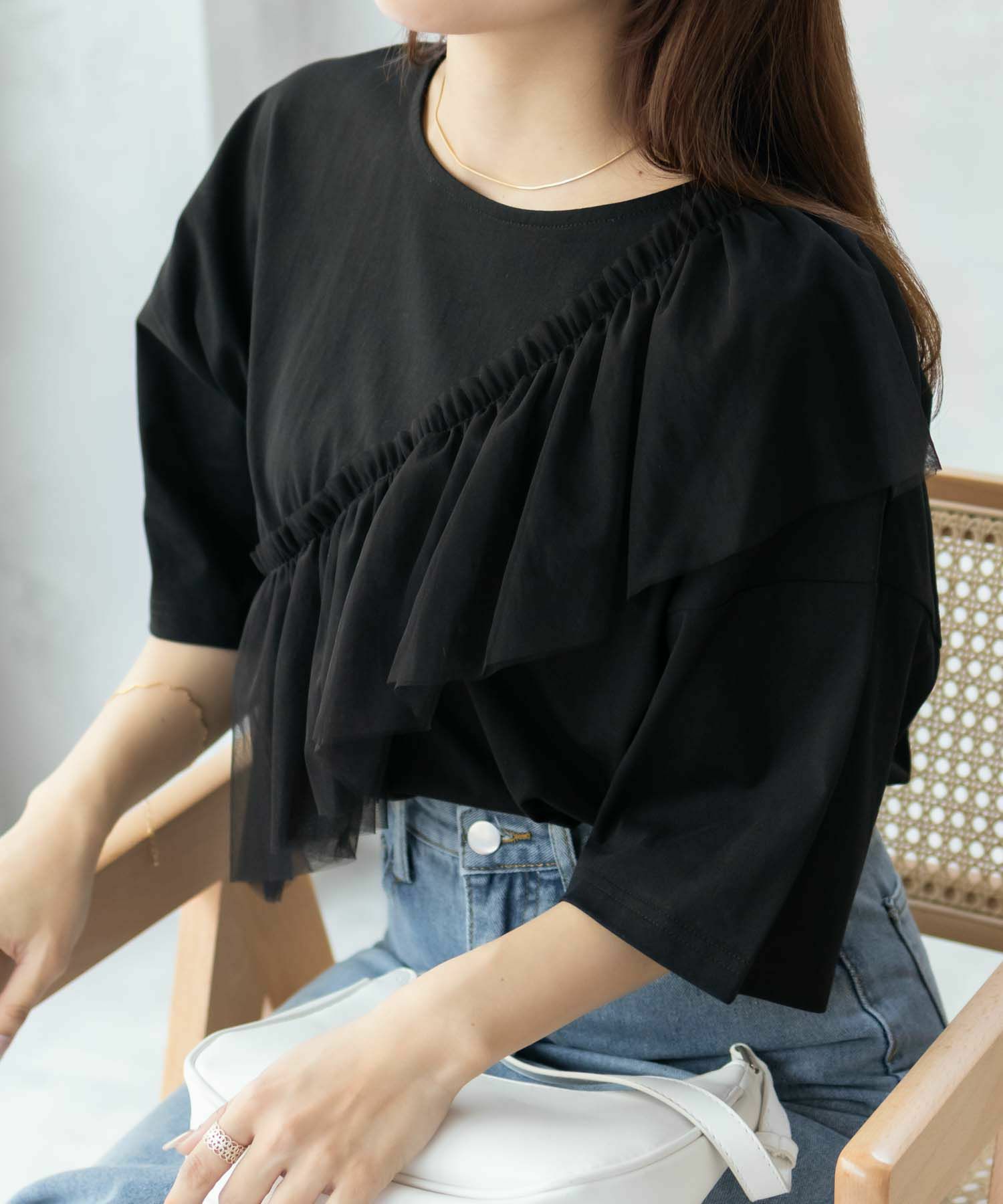 Howdy Marie  身頃チュール5分袖Tシャツ レディース メール便 対応商品商品画像-1