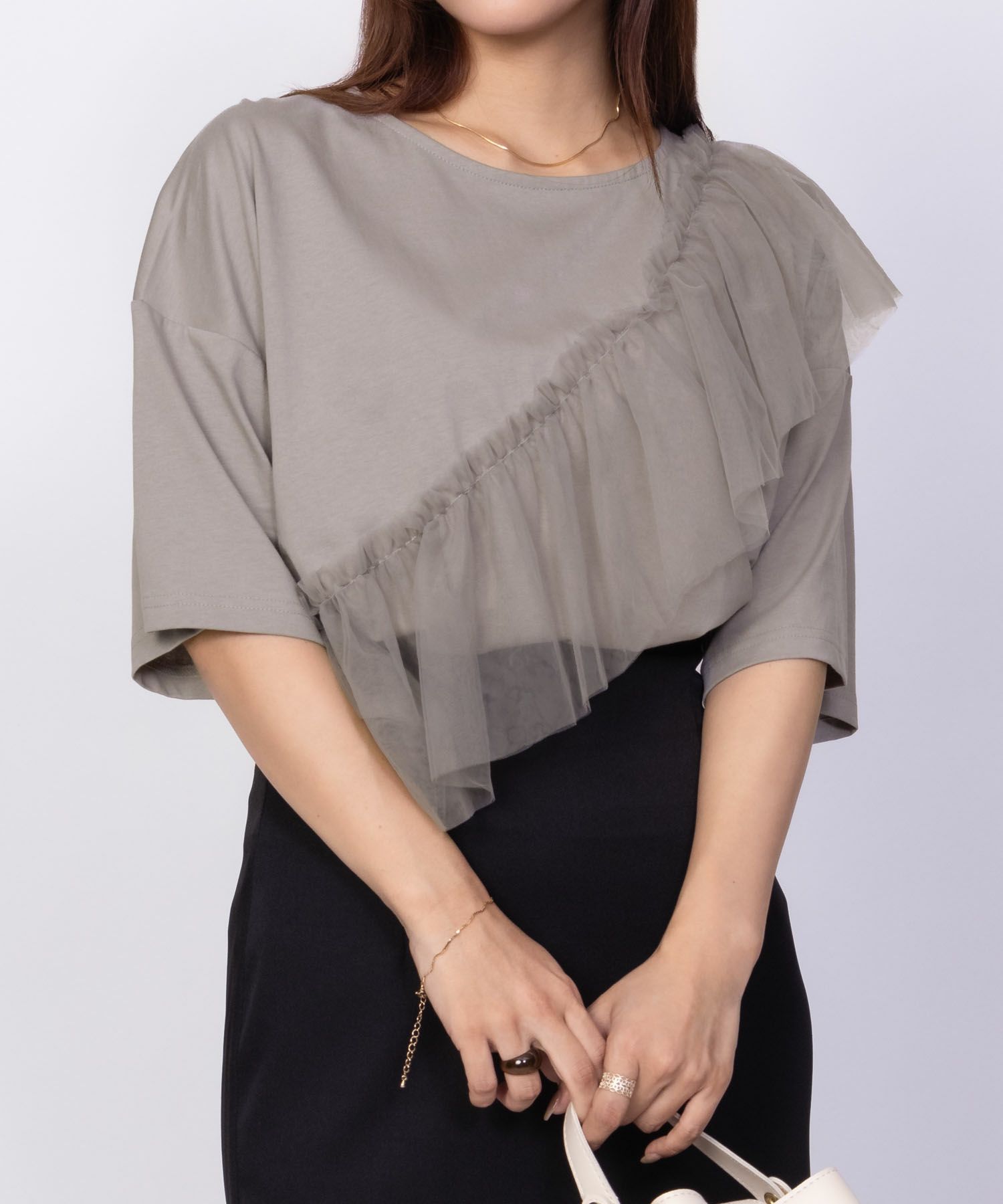 Howdy Marie 身頃チュール5分袖Tシャツ レディース メール便 対応商品商品サムネイル-12