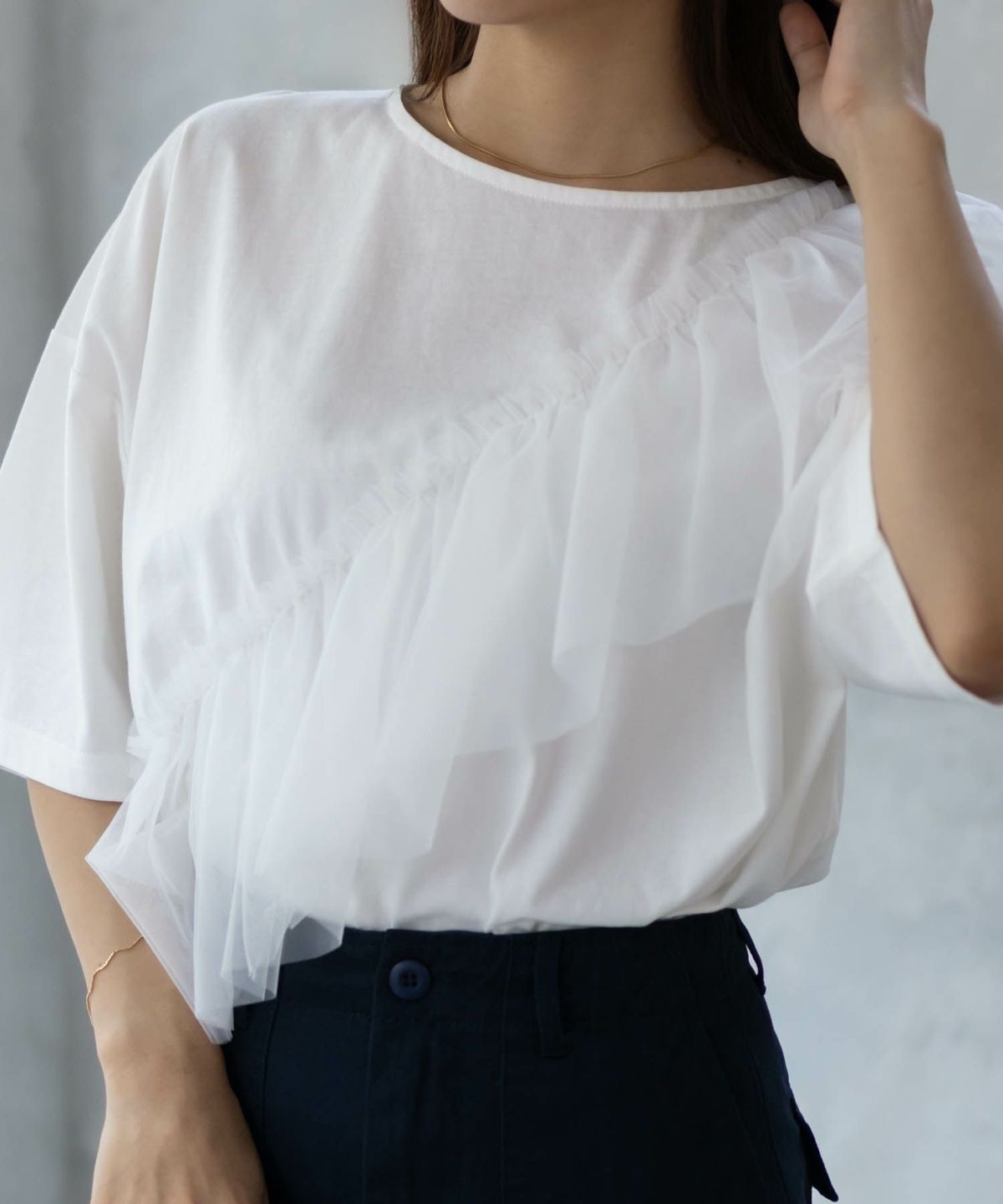 Howdy Marie 身頃チュール5分袖Tシャツ レディース ネコポス 対応商品