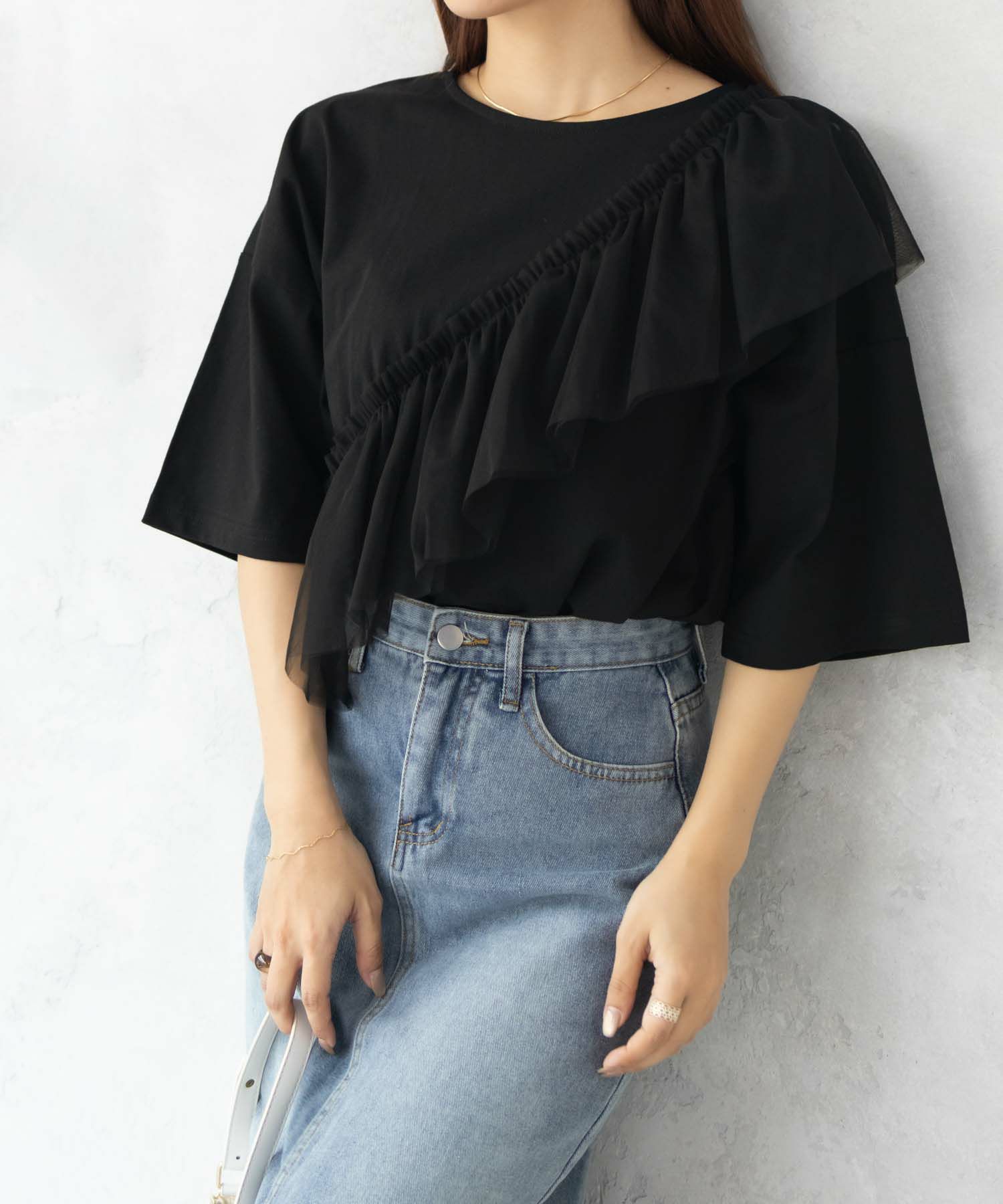 Howdy Marie 身頃チュール5分袖Tシャツ レディース ネコポス 対応商品