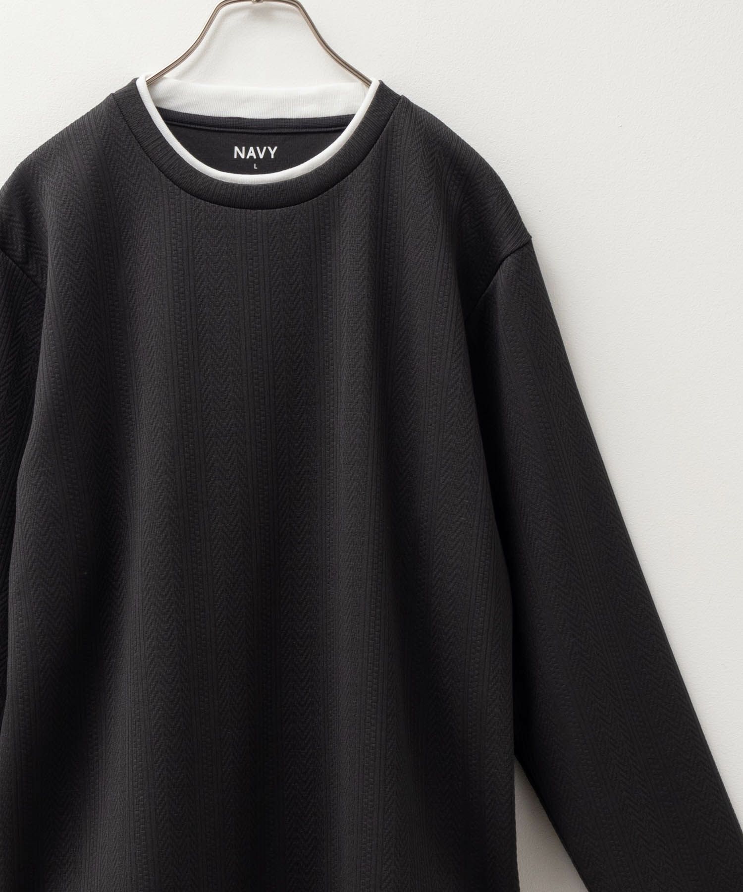 NAVY  時短コーデ ヘリンボーン長袖Tシャツ メンズ商品サムネイル-2