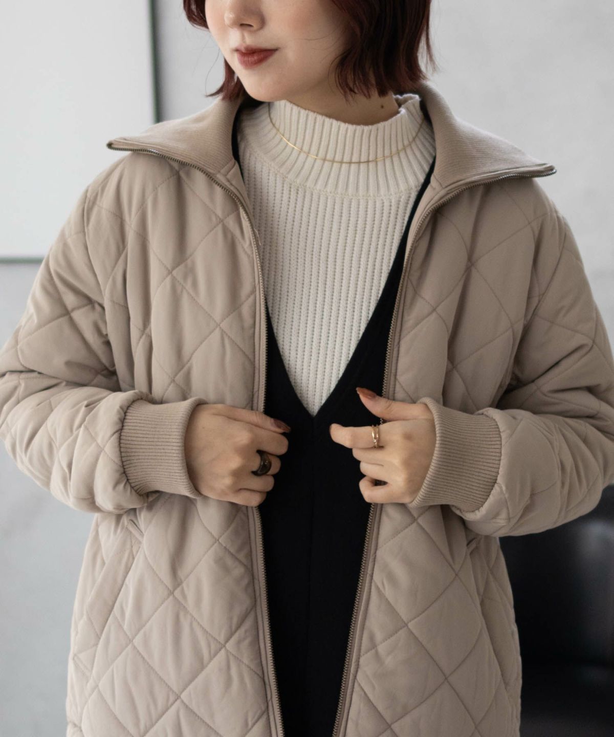 NAVY 裏フリース軽量キルトブルゾン レディース