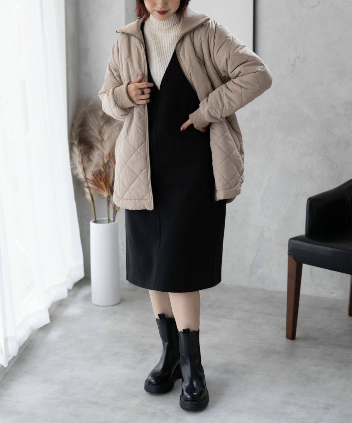 NAVY 裏フリース軽量キルトブルゾン レディース