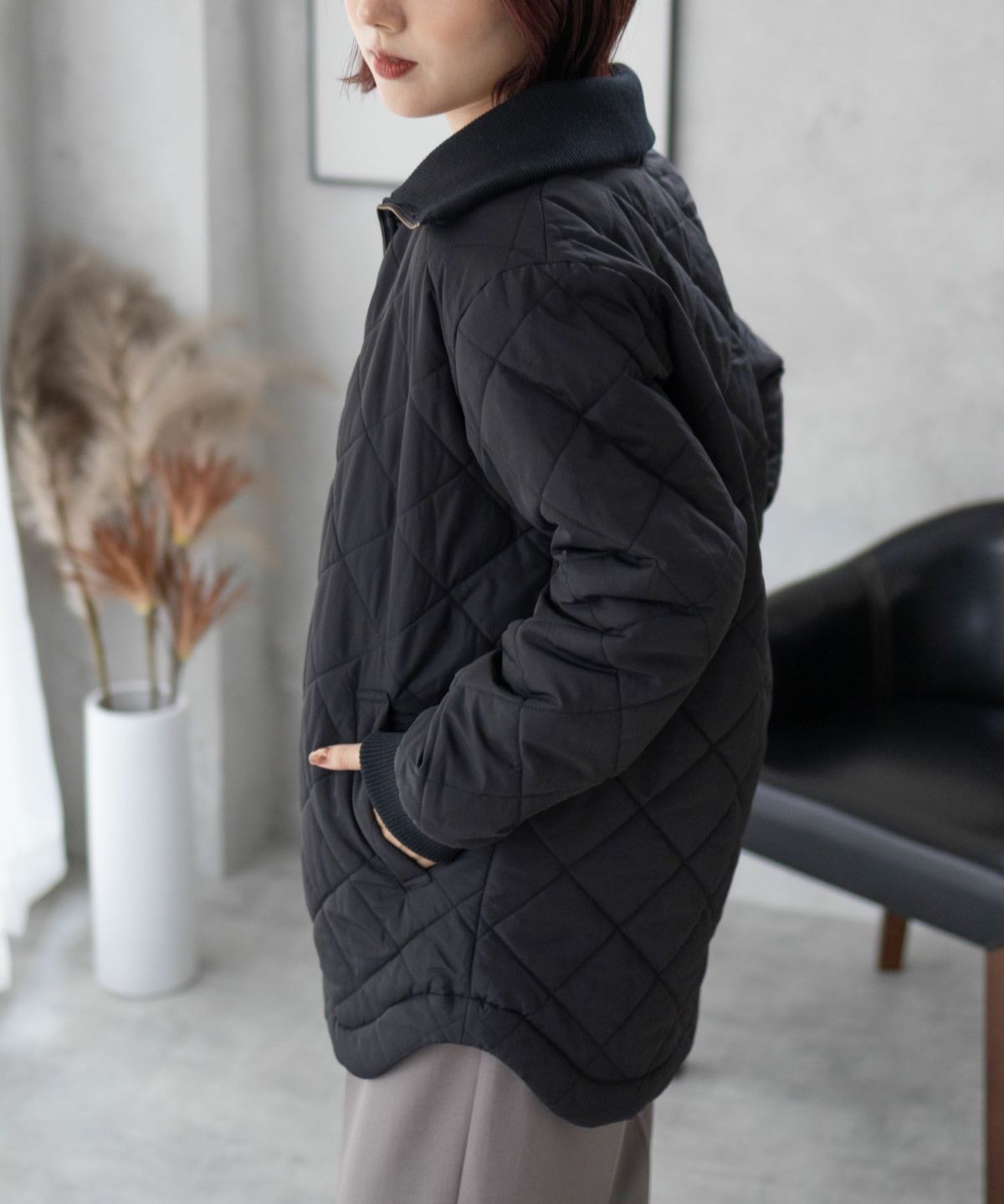 NAVY 裏フリース軽量キルトブルゾン レディース