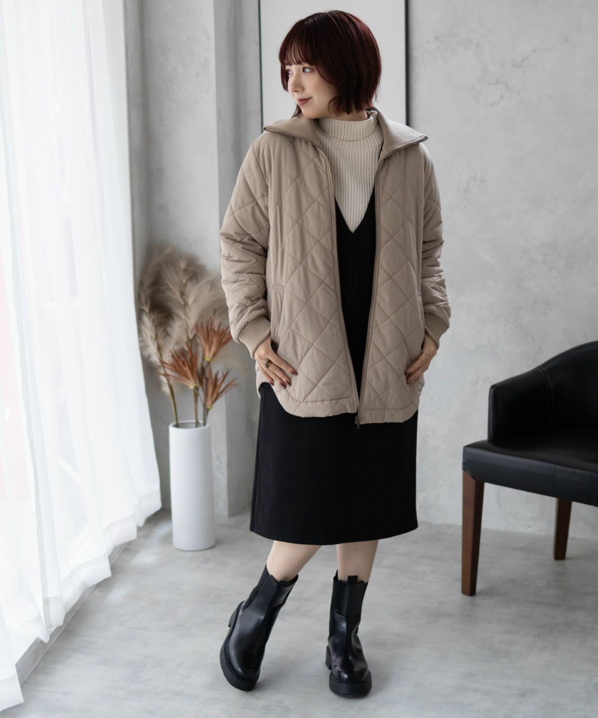 NAVY 裏フリース軽量キルトブルゾン レディース