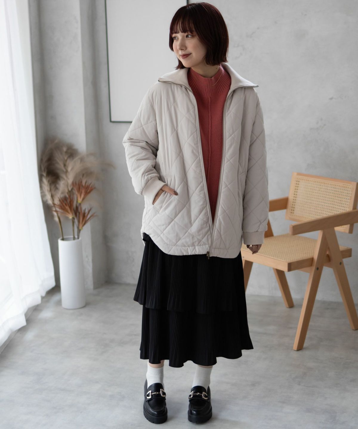 NAVY 裏フリース軽量キルトブルゾン レディース