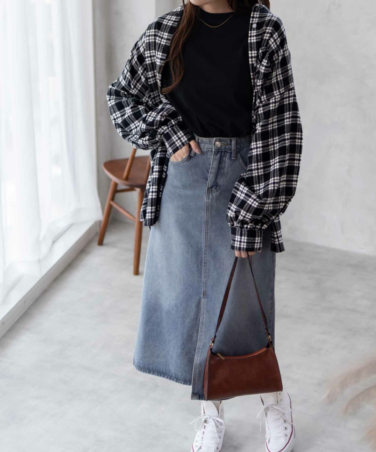 NAVY ルーズチェックチュニック レディース