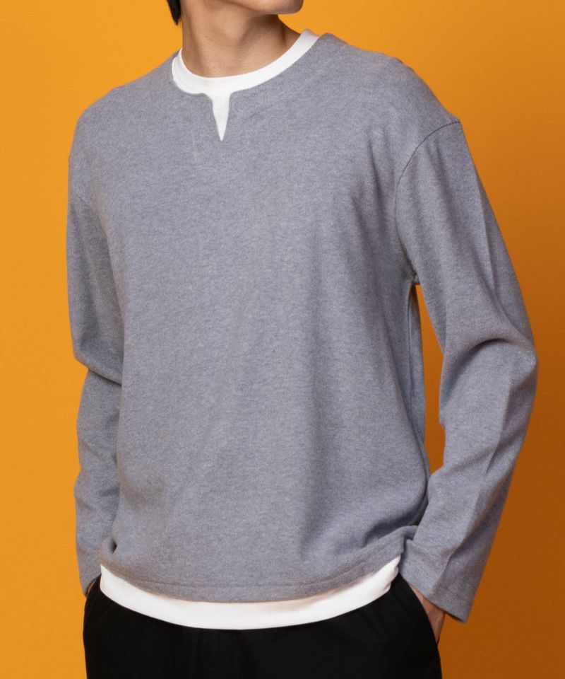 NAVY  温℃ 両面起毛キーネックフェイクTシャツ メンズ商品画像-1