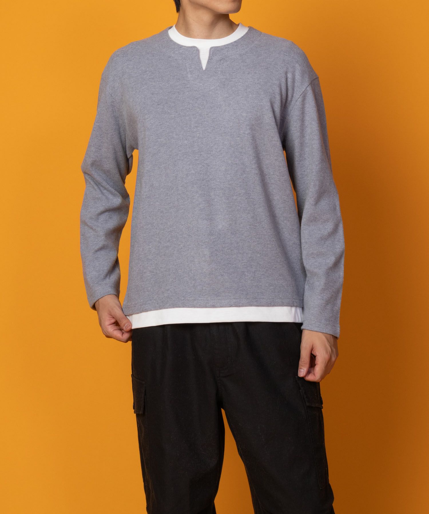 NAVY  温℃ 両面起毛キーネックフェイクTシャツ メンズ商品画像-3