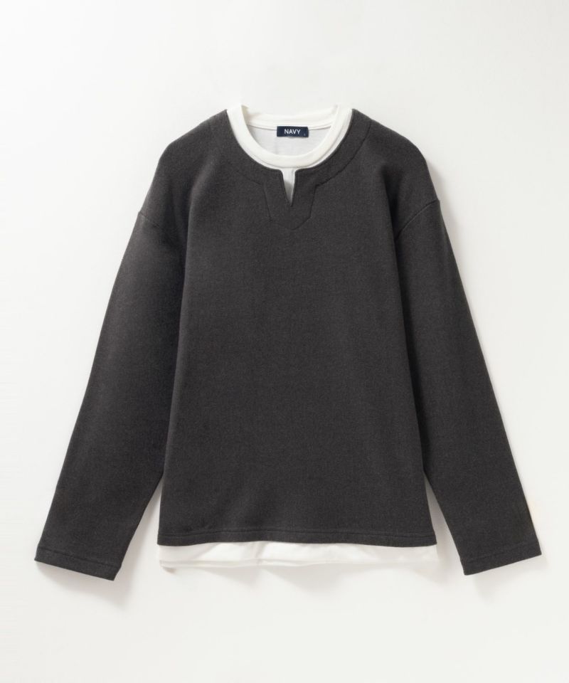 NAVY  温℃ 両面起毛キーネックフェイクTシャツ メンズ商品画像-11