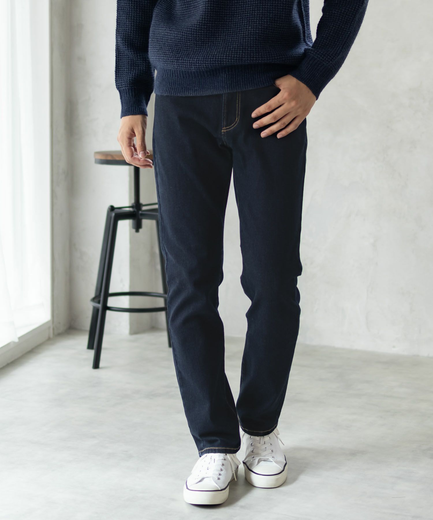 NAVY 温℃ 裏起毛5ポケットストレートデニムパンツ メンズ
