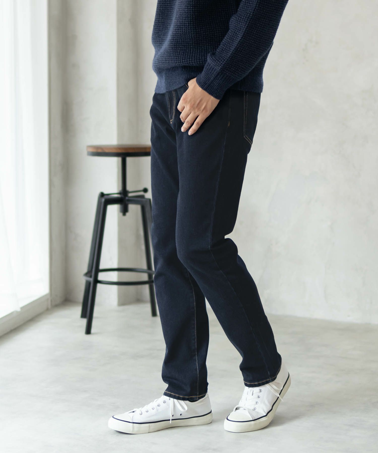 NAVY 温℃ 裏起毛5ポケットストレートデニムパンツ メンズ