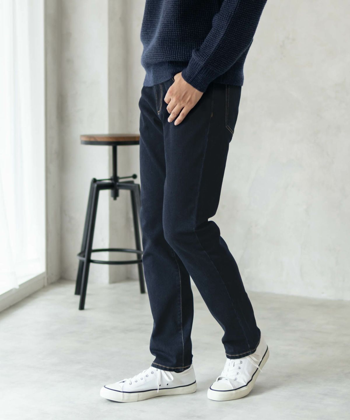 NAVY 温℃ 裏起毛5ポケットストレートデニムパンツ メンズ