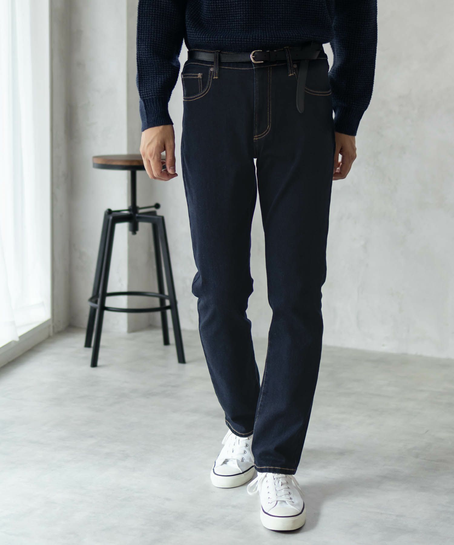 NAVY 温℃ 裏起毛5ポケットストレートデニムパンツ メンズ