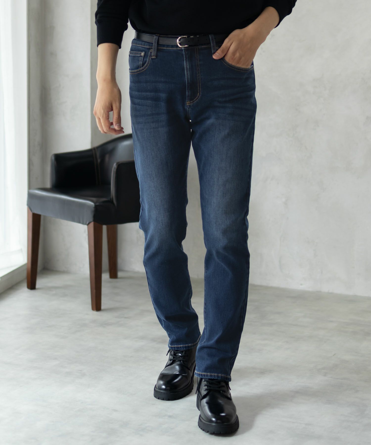 NAVY 温℃ 裏起毛5ポケットストレートデニムパンツ メンズ