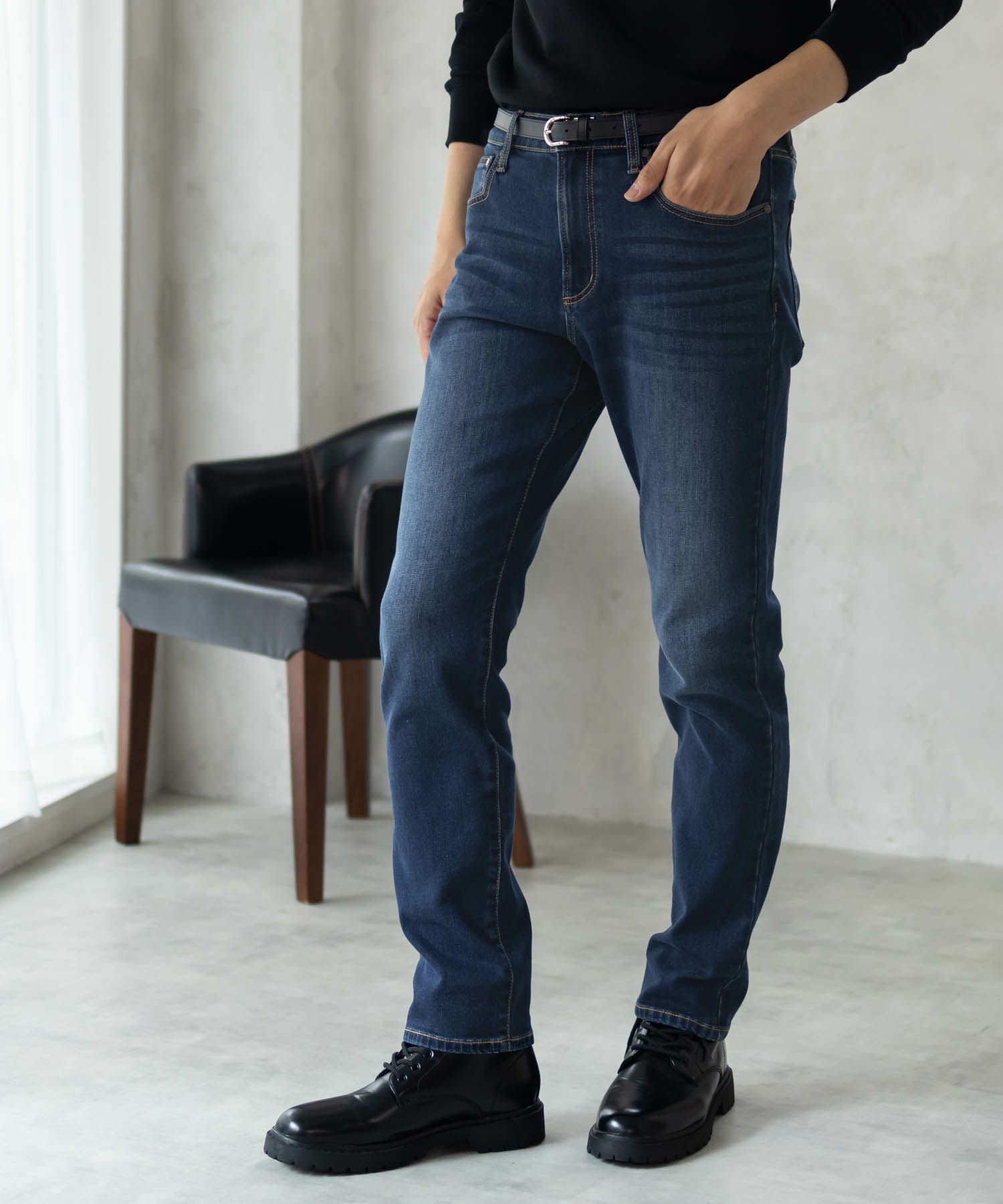 NAVY 温℃ 裏起毛5ポケットストレートデニムパンツ メンズ