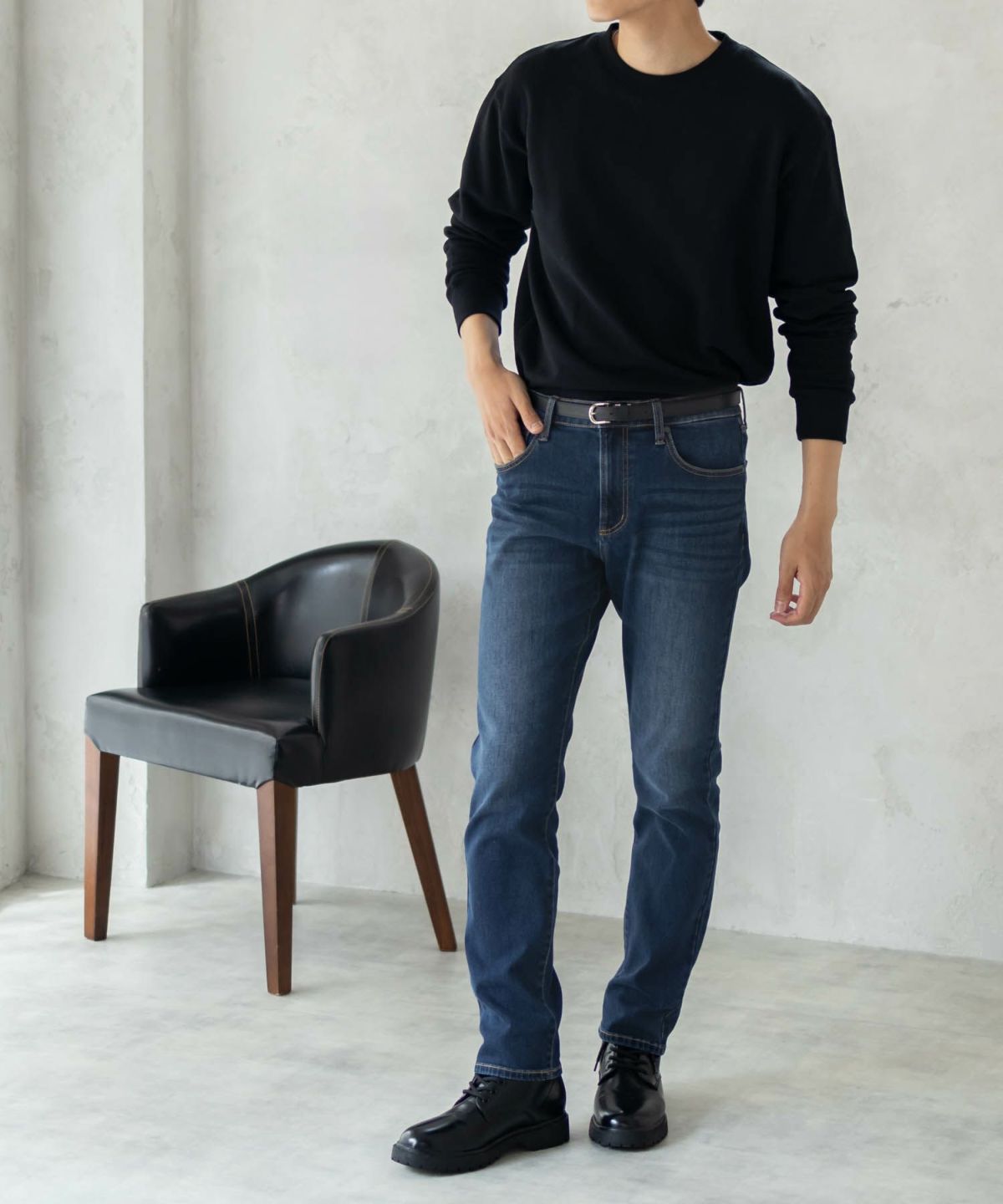 NAVY 温℃ 裏起毛5ポケットストレートデニムパンツ メンズ