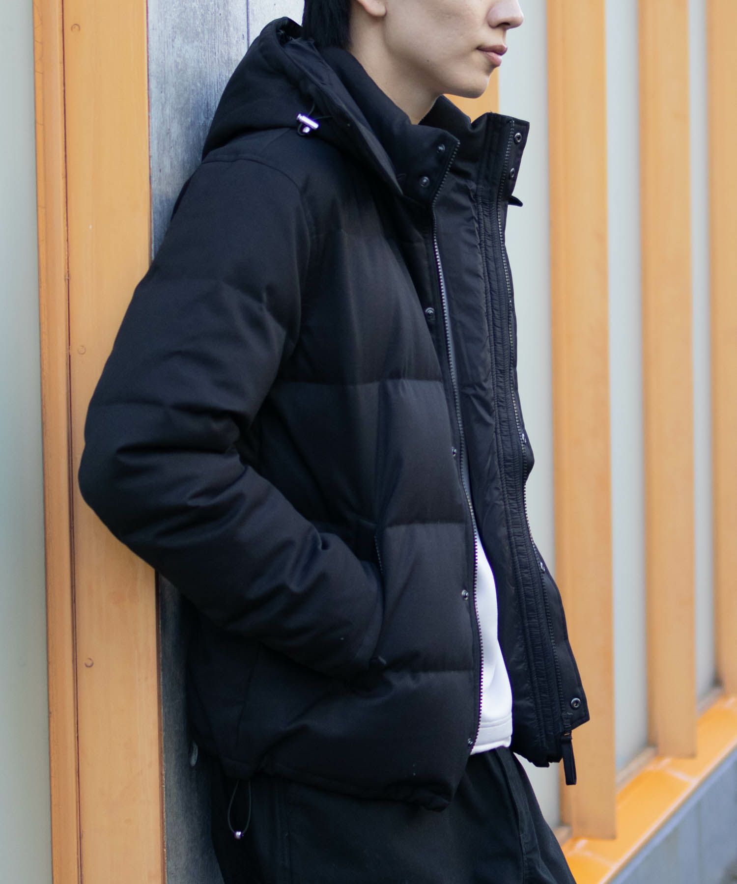 ダイアグラム Diagram リブ袖ロングダウンコート 黒 やかましく 