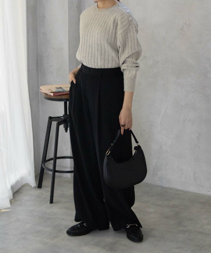 ミル　クリスチャンラクロワ ハイネック ニットとナネットレポーセーター nAvy もちり もちもち 洗えるニット 肩ボタンクルーネック レディース