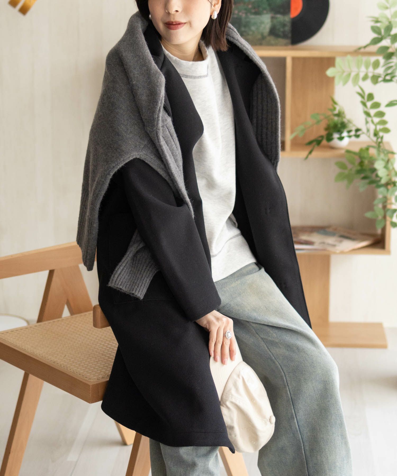 NAVY フードロングコート レディース