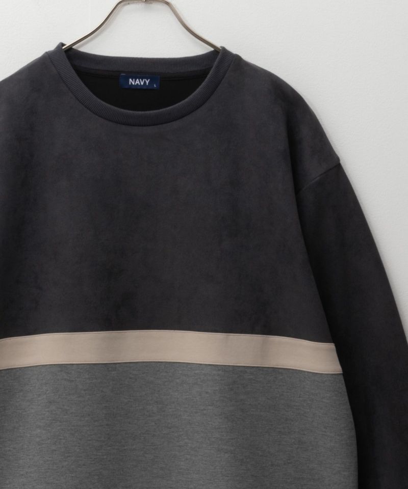 NAVY  ポンチ素材 切替クルーネックプルオーバー メンズ商品画像-1