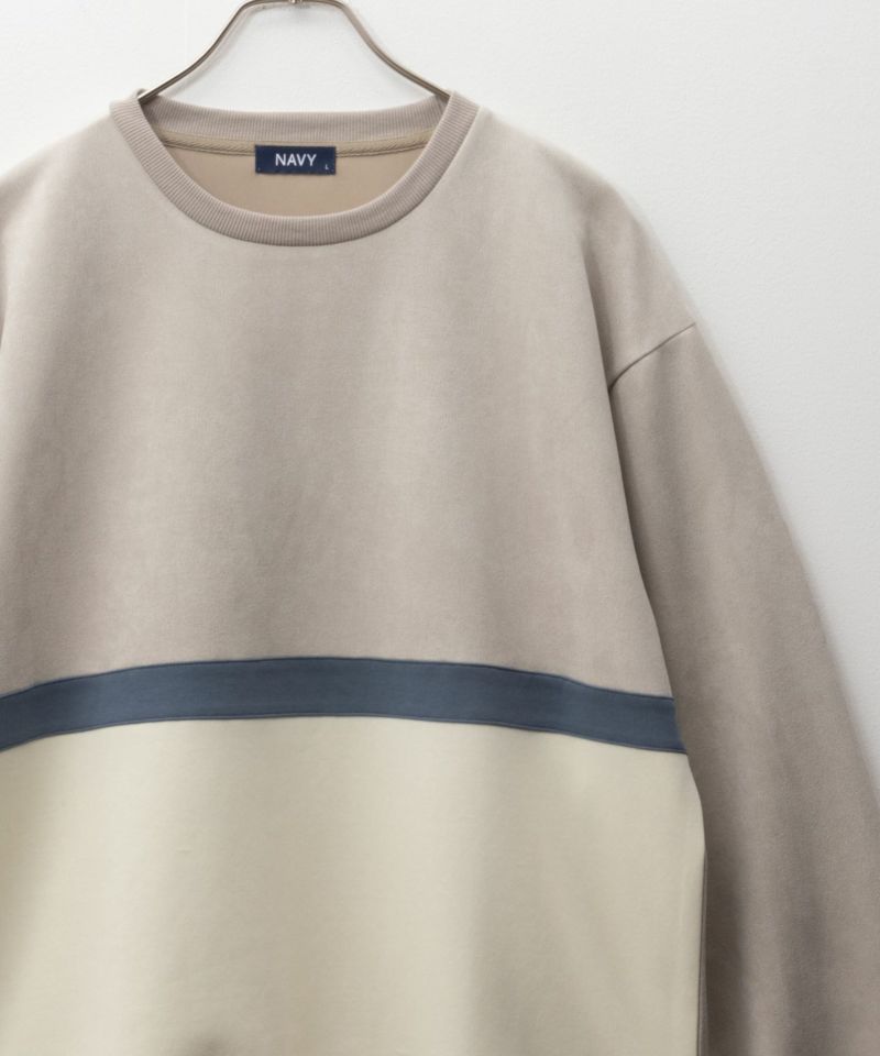 NAVY  ポンチ素材 切替クルーネックプルオーバー メンズ商品画像-2