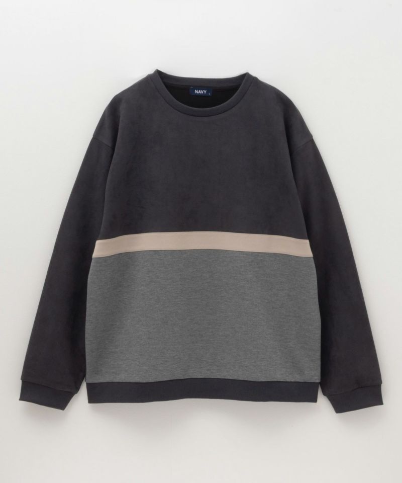 NAVY  ポンチ素材 切替クルーネックプルオーバー メンズ商品画像-3