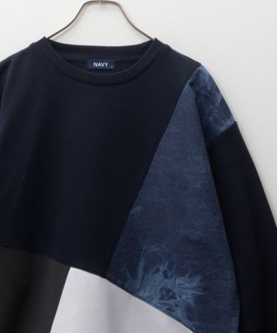 NAVY  裏毛ブリーチ切替クルーネックトレーナー メンズ
