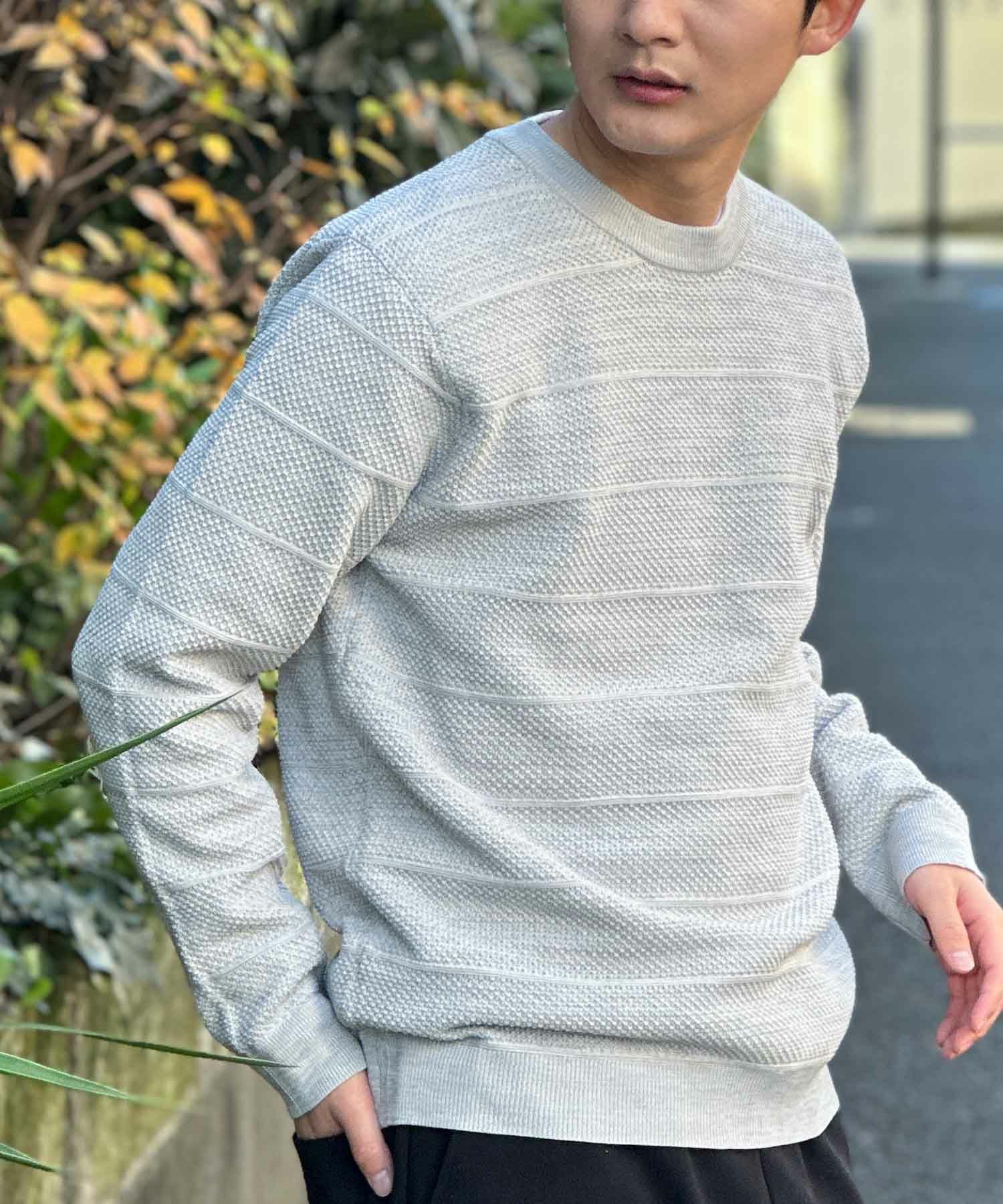 NAVY 軽快ニット メッシュボーダークルーネック メンズ商品画像-1