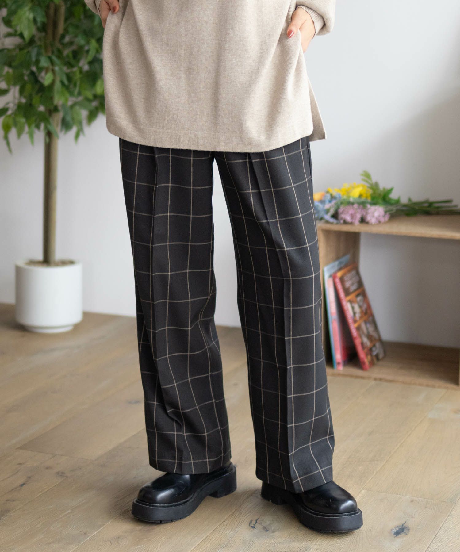 HusHusH チェックワイドパンツ レディース